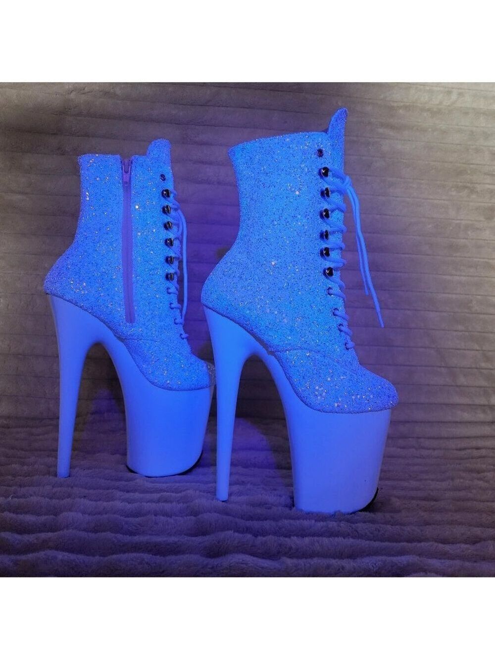 White Ice UV Glitter 8" Platform Heel Ankle Boots Flamingo - Picture 12 of 12